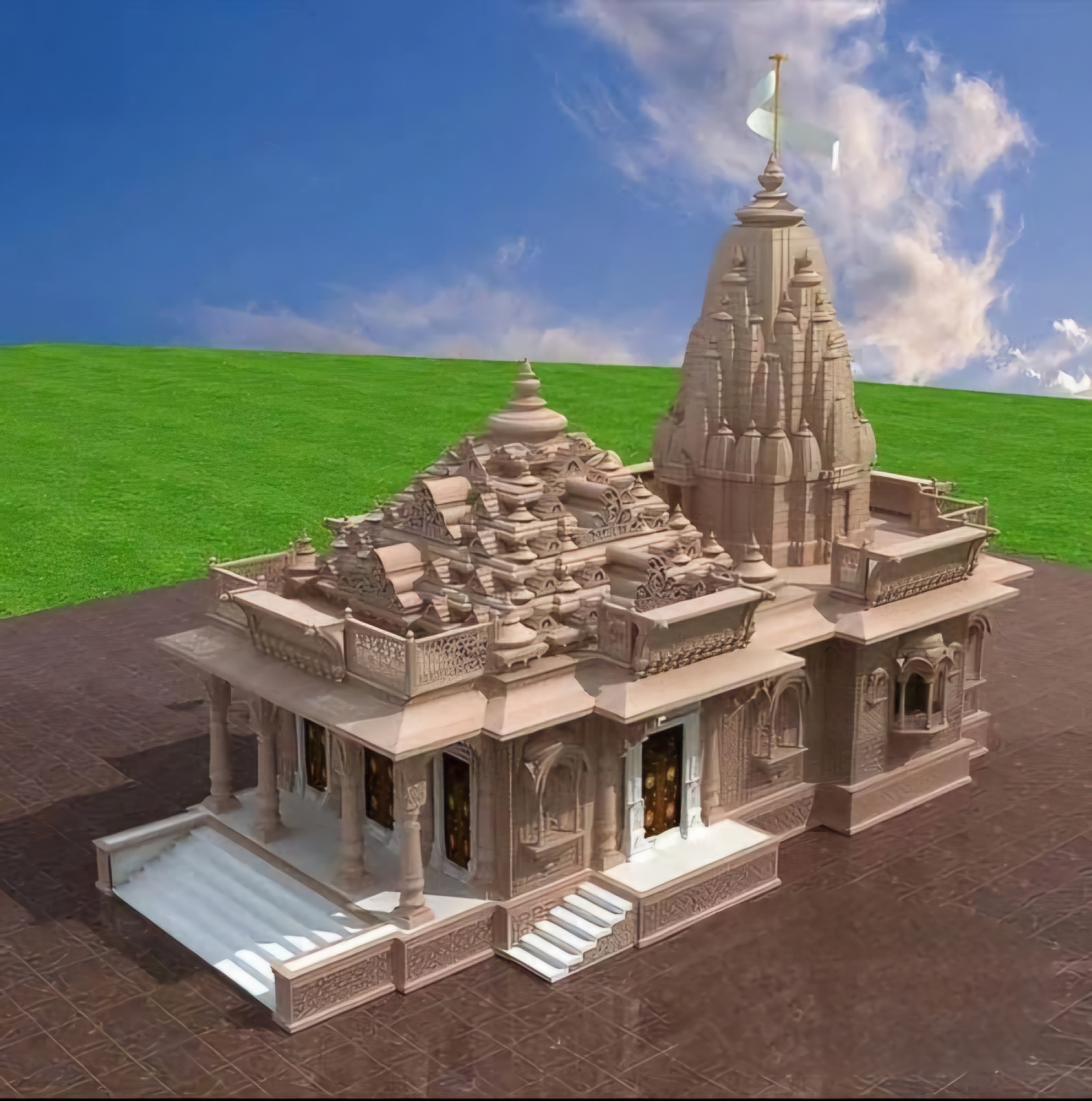 Architectural rendering of a sandstone temple, showcasing intricate Ubesh Sandstone detailing. Uvesh Sandstone Works (USSW) design.