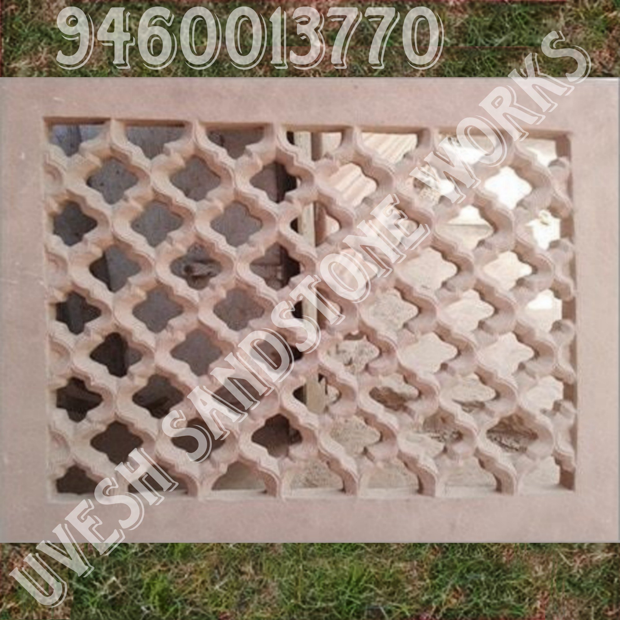Intricate CNC sandstone carving, quatrefoil pattern. Ideal for architectural projects.
